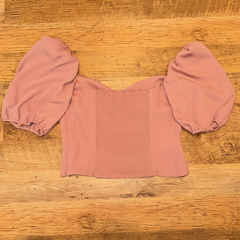 Wilfred Mauve Sweetheart Neckline Short Puff Sleeve Crop Top Blouse A5 - Picture 2 of 4